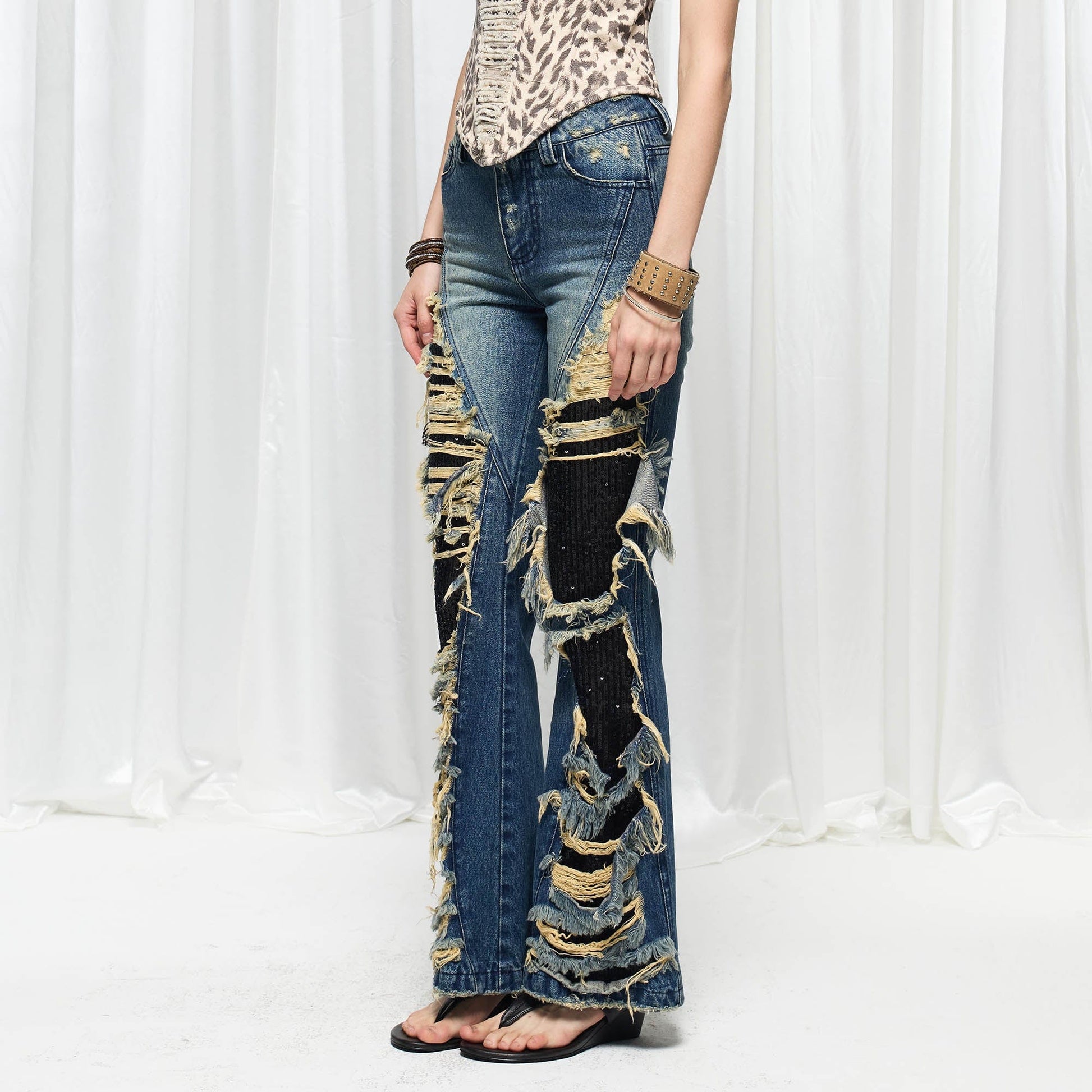DND4DES¡ÁFaychui Grunge Heavy-Distressed Layered Flared Jeans-Jeans-S-Free Shipping Leatheretro
