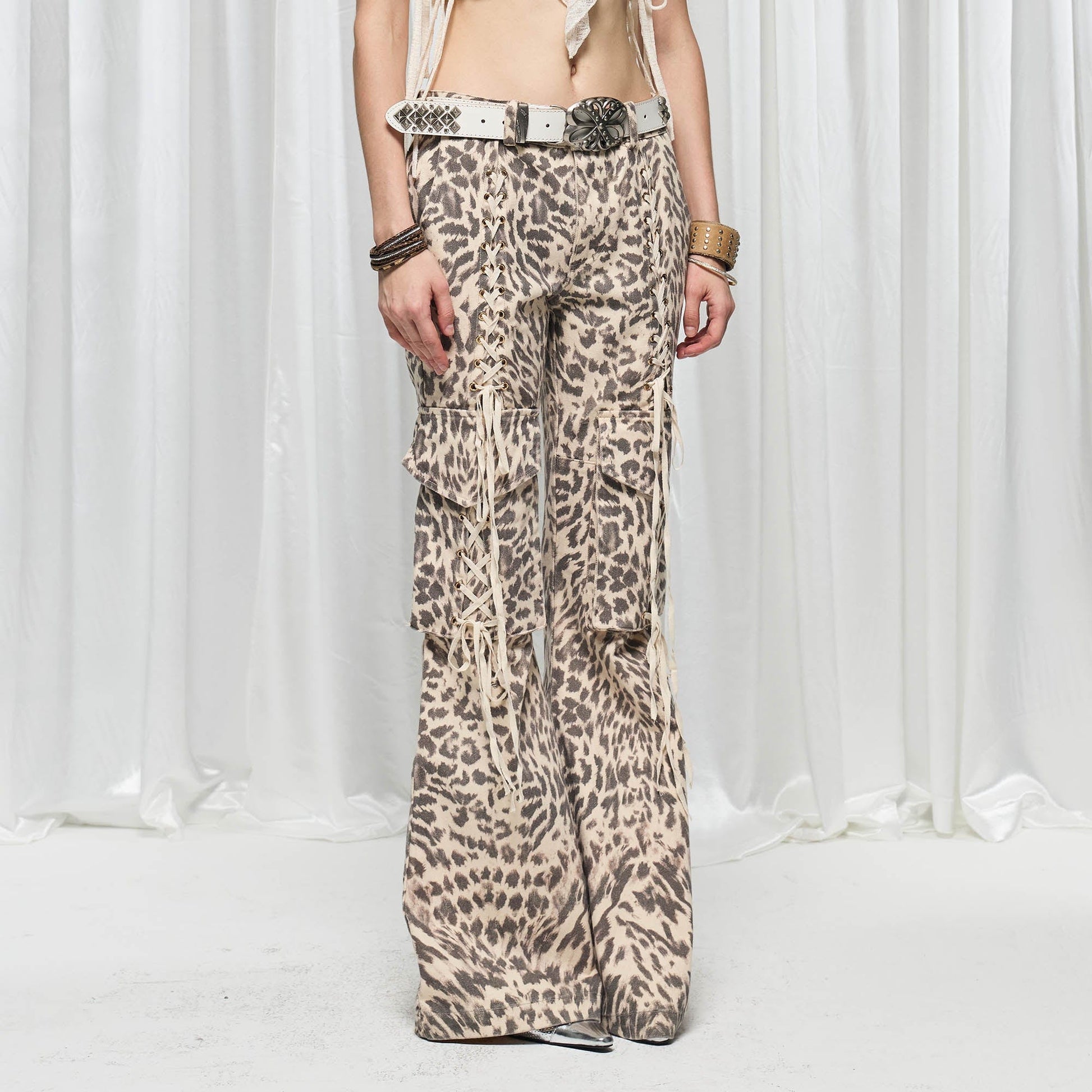 DND4DES¡ÁFaychui Leopard Lace-Up Multi-pocket Straight-Leg Pants-Pants-S-Free Shipping Leatheretro