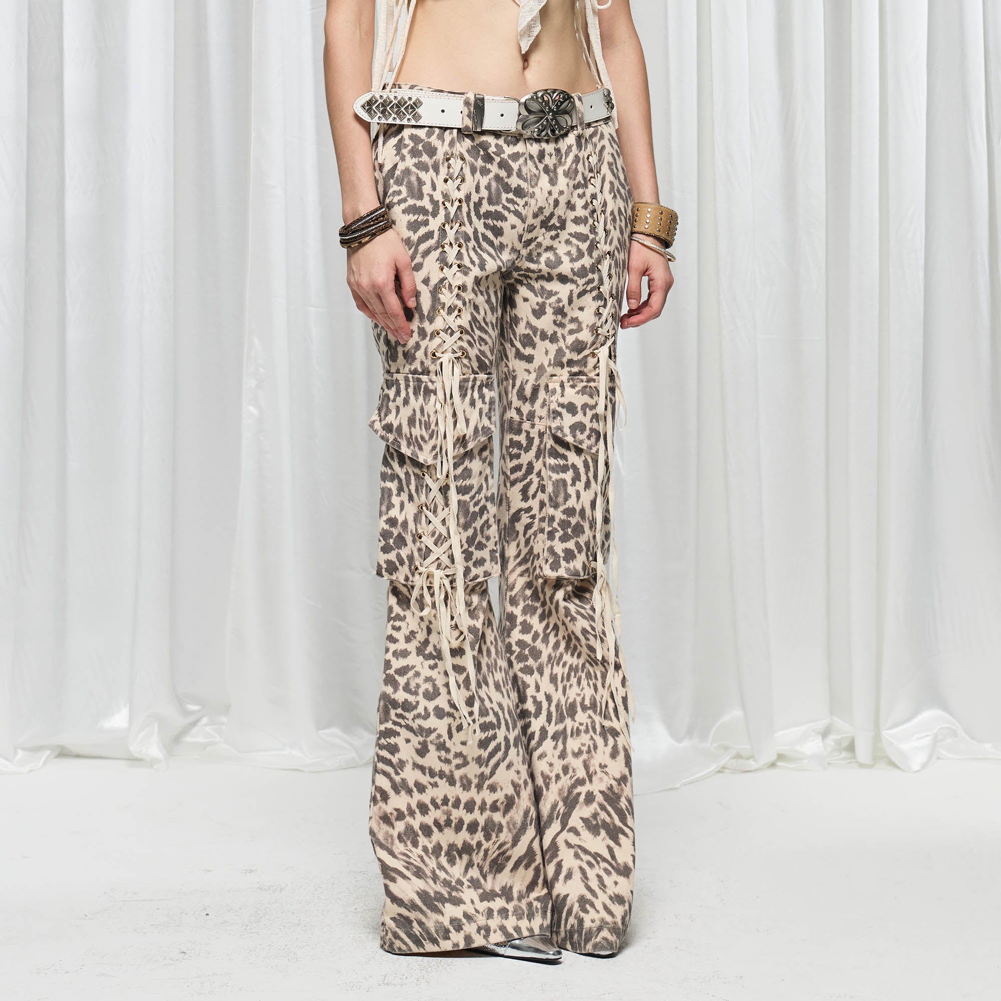 DND4DES¡ÁFaychui Leopard Lace-Up Multi-pocket Straight-Leg Pants-Pants-S-Free Shipping Leatheretro