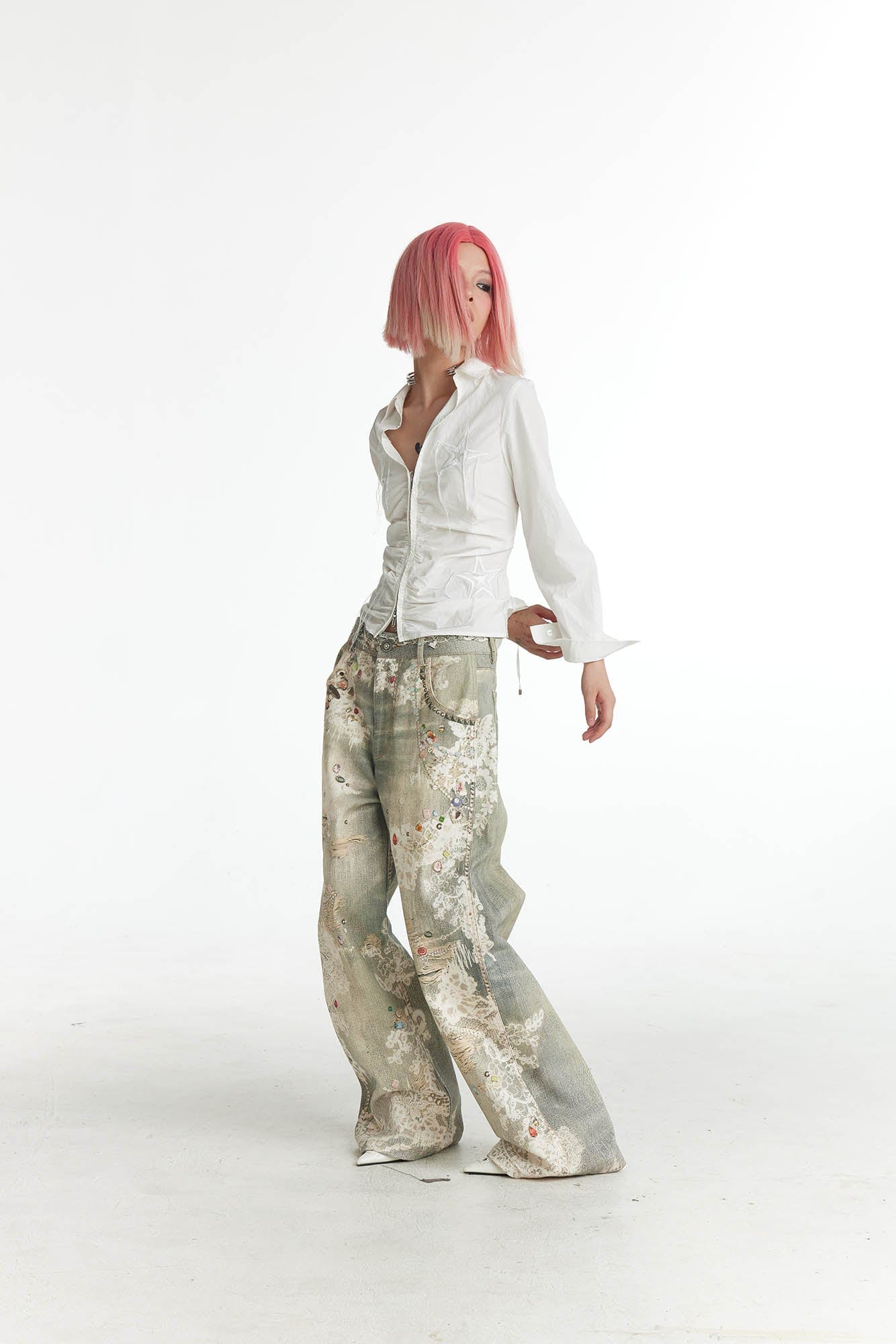 DND4DES¡ÁFaychui Distressed Gem&Lace Jeans-Jeans-S-Free Shipping Leatheretro