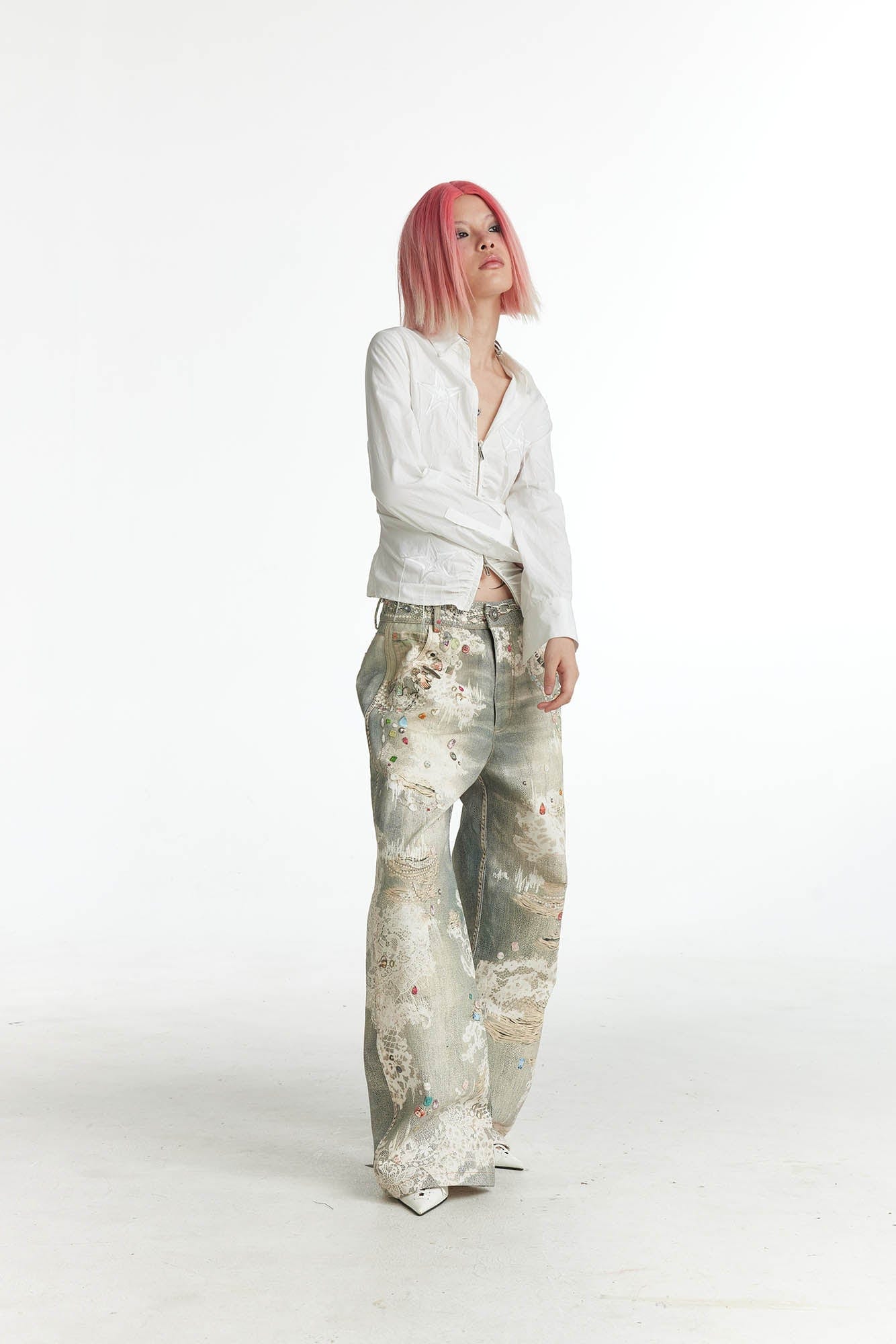 DND4DES¡ÁFaychui Distressed Gem&Lace Jeans-Jeans-S-Free Shipping Leatheretro