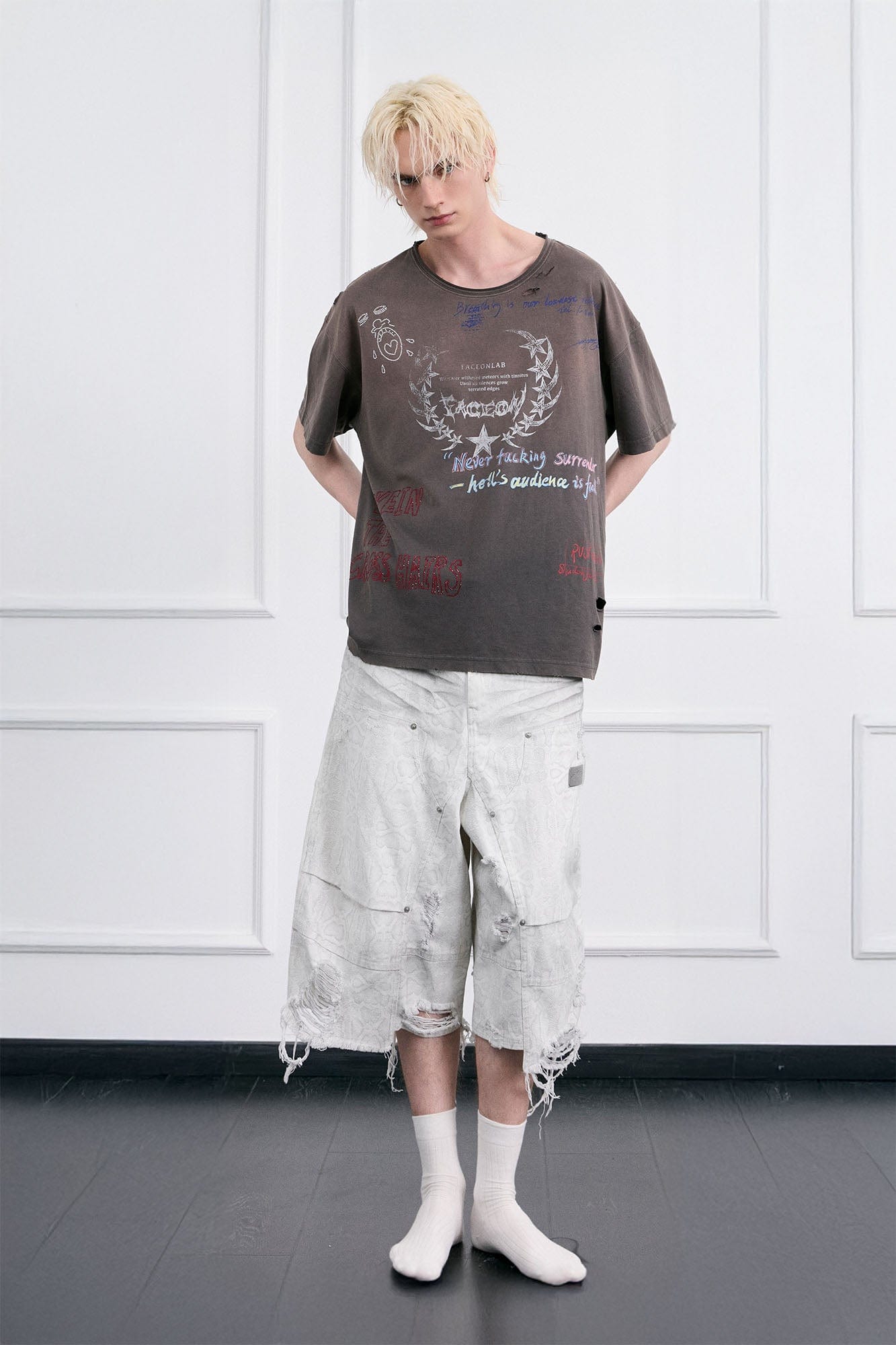 FACEONLAB Punk Graffiti Diamond Distressed T-Shirt-T Shirt-M-Gray-Free Shipping Leatheretro