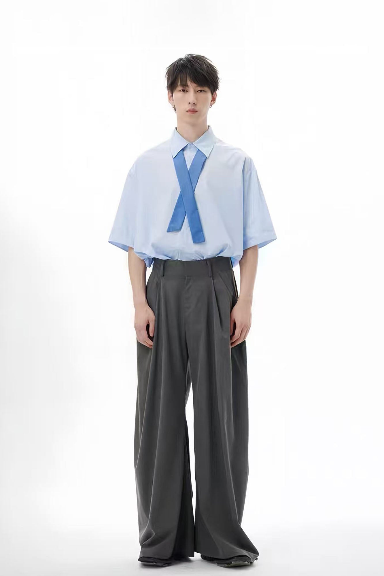 TUIMU Cross Tie Detachable Sleeve Shirt-Shirt-S-Blue-Free Shipping Leatheretro