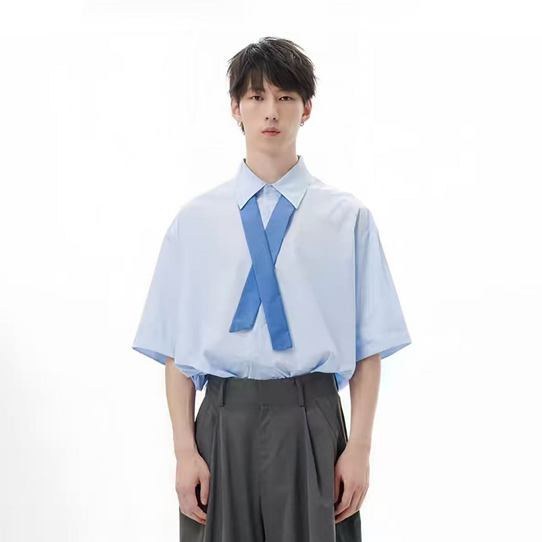 TUIMU Cross Tie Detachable Sleeve Shirt-Shirt-S-Blue-Free Shipping Leatheretro