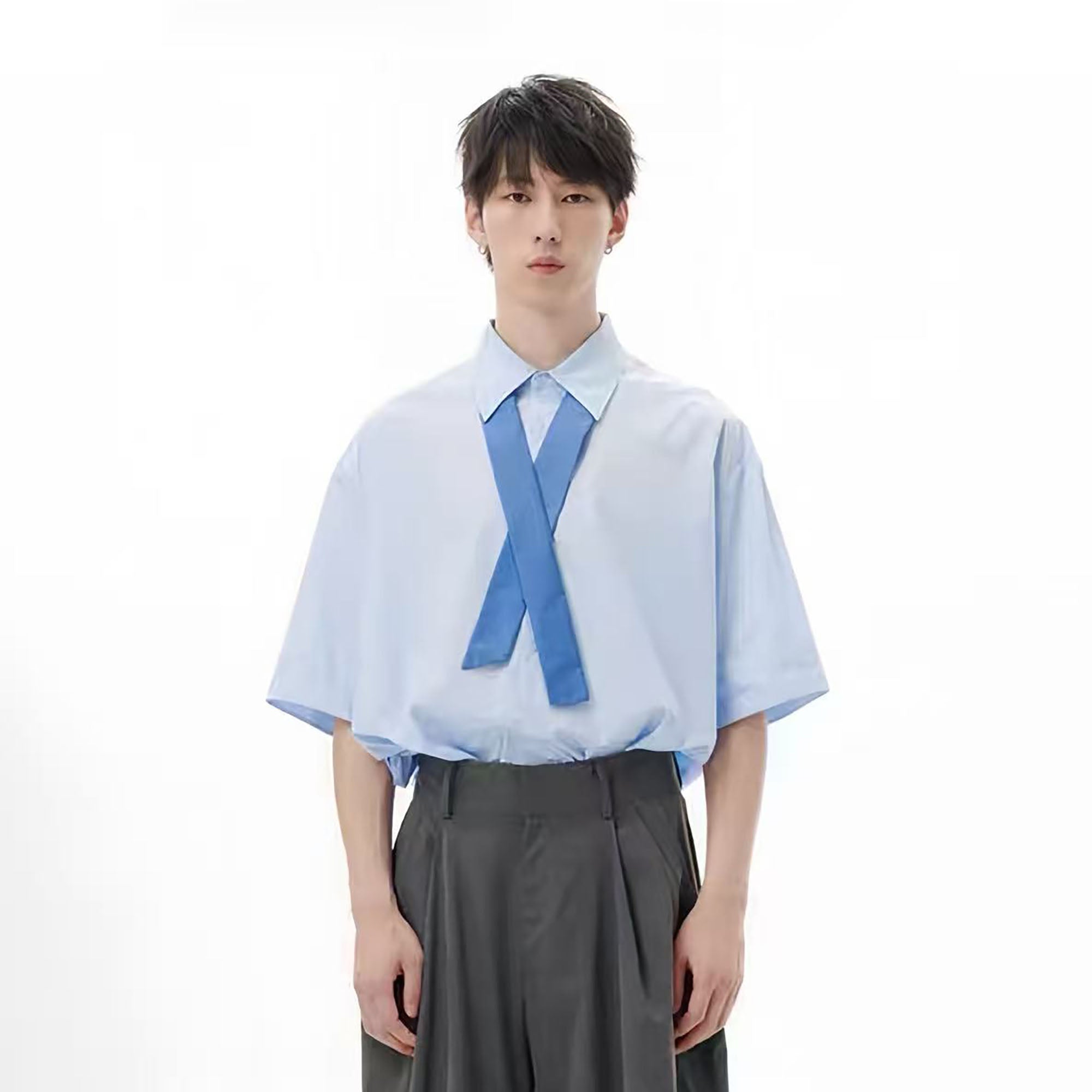 TUIMU Cross Tie Detachable Sleeve Shirt-Shirt-S-Blue-Free Shipping Leatheretro