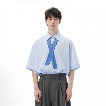 TUIMU Cross Tie Detachable Sleeve Shirt-Shirt-S-Blue-Free Shipping Leatheretro