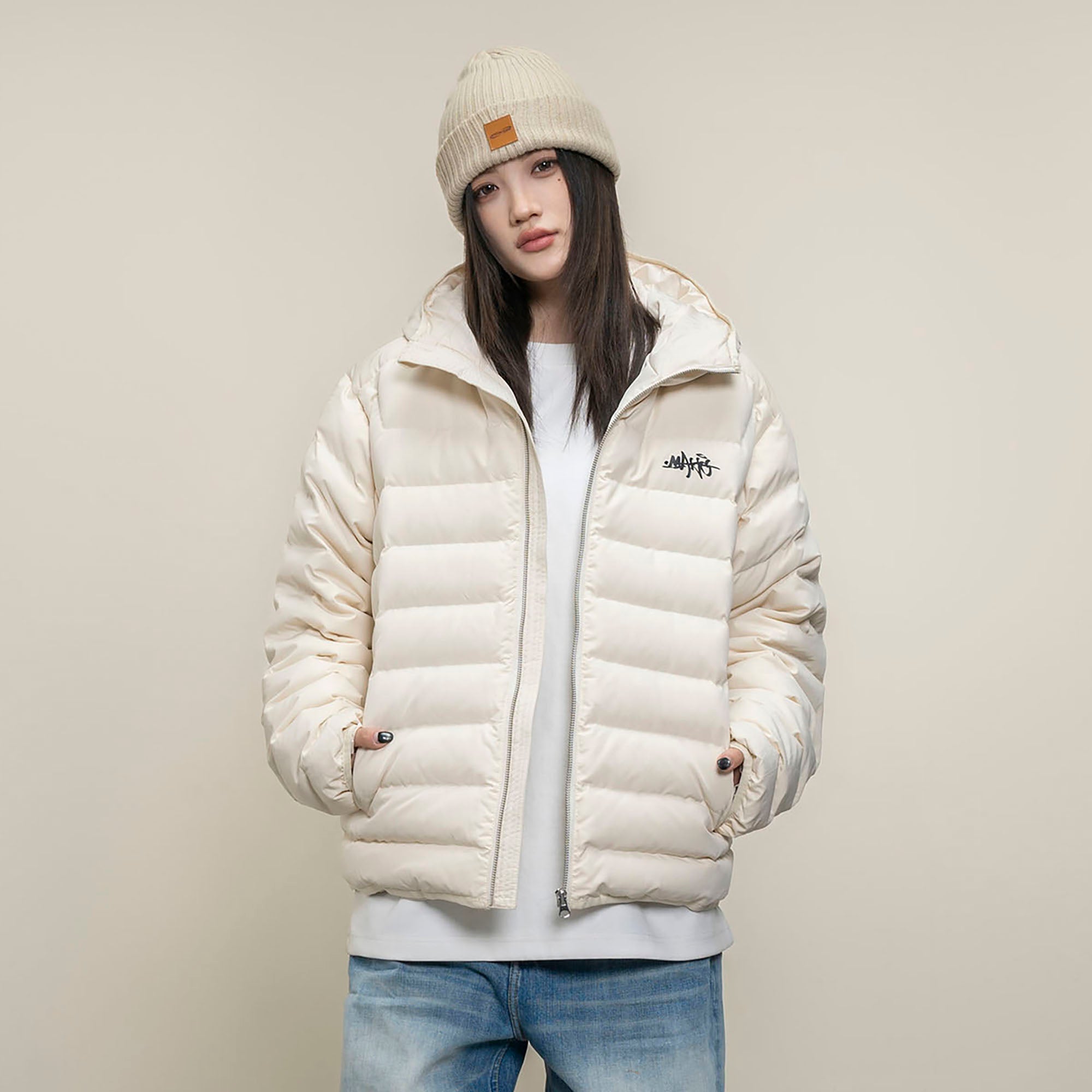 MAKEMORE LOGO Embroidered Elastic Quilted Down Jacket-Jacket-S-Beige-Free Shipping Leatheretro