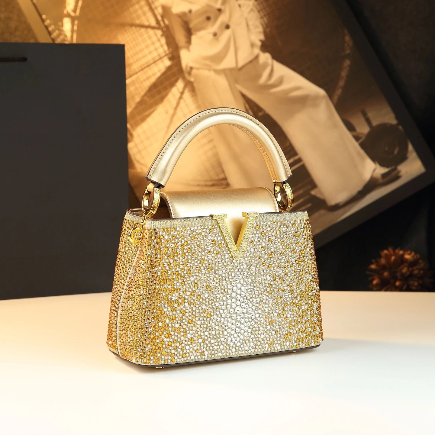 Genuine Leather V Letter Small Crossbody Bag - Diamonds Luxury Messenger Shell Bags-Crossbody Bag-Gold-Free Shipping Leatheretro
