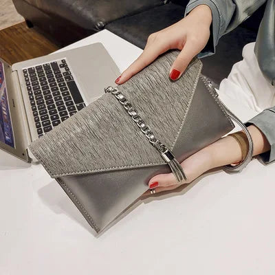 PU leather Tassels ladies Women Shoulder Bag - Envelope Clutches Purse-Clutch-Gold-Free Shipping Leatheretro