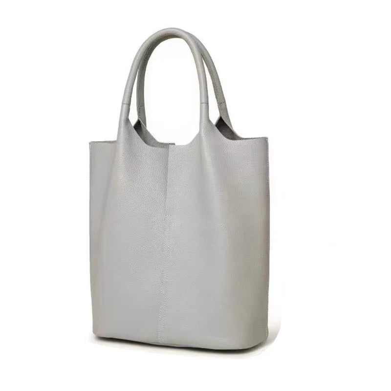 Real Leather Shopper Tote Bag-Tote Bag-Khaki-Free Shipping Leatheretro