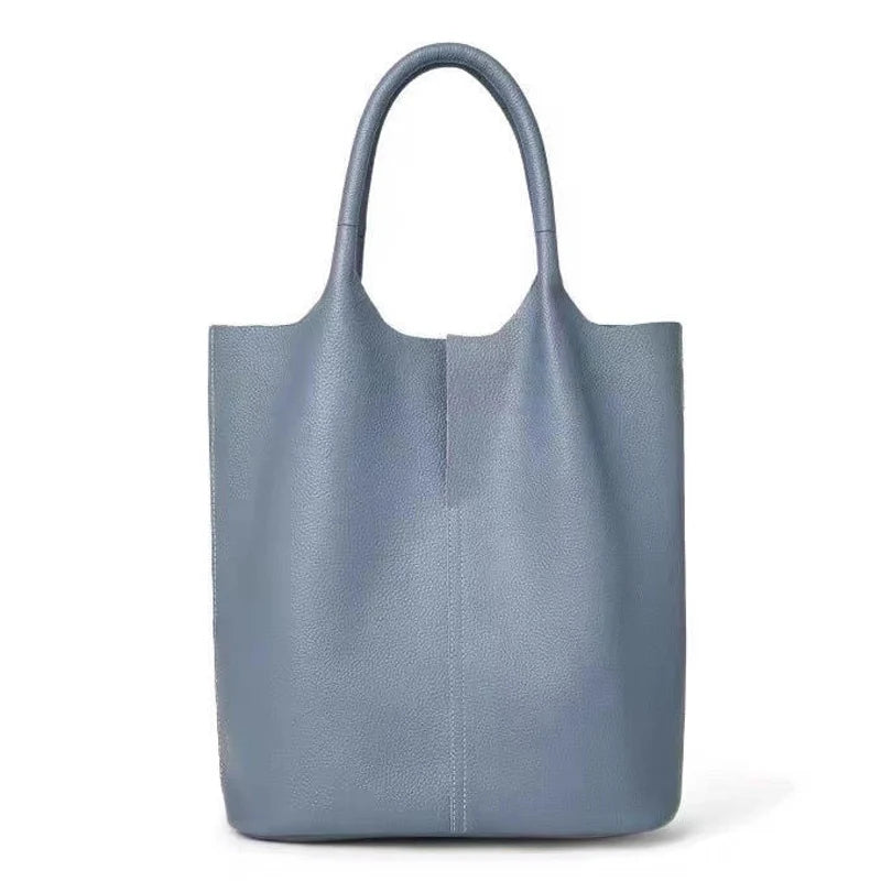 Real Leather Shopper Tote Bag-Tote Bag-Gray Blue-Free Shipping Leatheretro