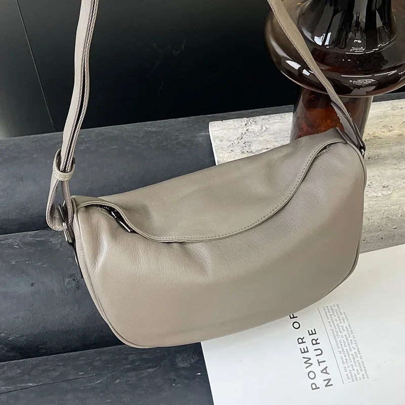 Cowhide Leather Retro Fashion Saddle Bag - Crossbody Luxury Handbag-Handbags-Gray-Large-Free Shipping Leatheretro