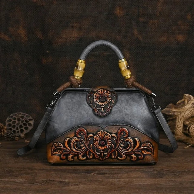 Women Leather Handmade Luxury Shoulder Handbag - Vintage Carved Ladies Bag-Gray-Free Shipping Leatheretro