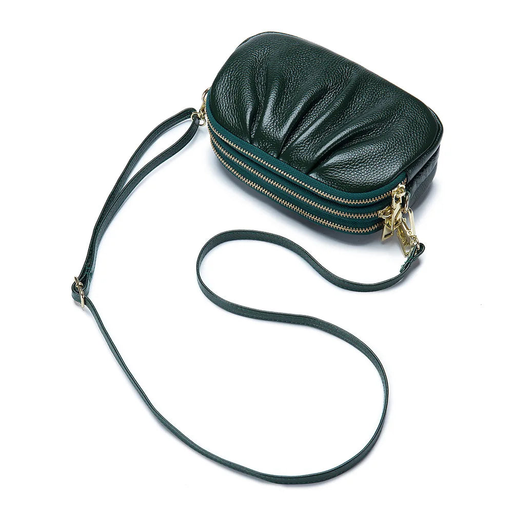 Genuine Leather Triple Zipper Crossbody Messenger Bag-Handbags-Green-Free Shipping Leatheretro
