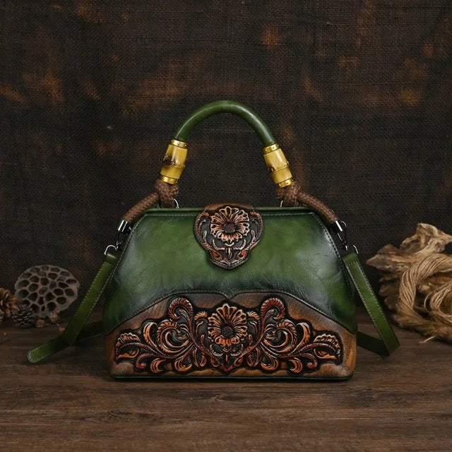 Women Leather Handmade Luxury Shoulder Handbag - Vintage Carved Ladies Bag-Green-Free Shipping Leatheretro