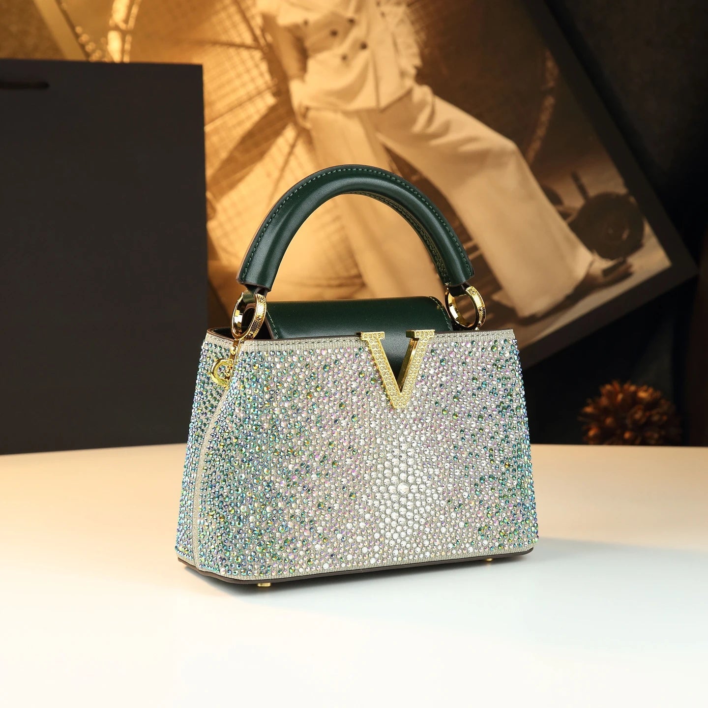 Genuine Leather V Letter Small Crossbody Bag - Diamonds Luxury Messenger Shell Bags-Crossbody Bag-Green-Free Shipping Leatheretro