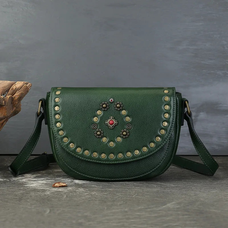 Genuine Leather Women's Saddle Bag - Retro Handmade Rivet Crossbody Bags-Handbags-Green-Free Shipping Leatheretro