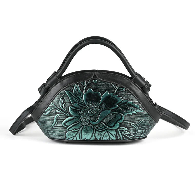 Women's Vintage Genuine Leather Handbag - Embossed Handmade Shoulder Bag-Blue-Free Shipping Leatheretro