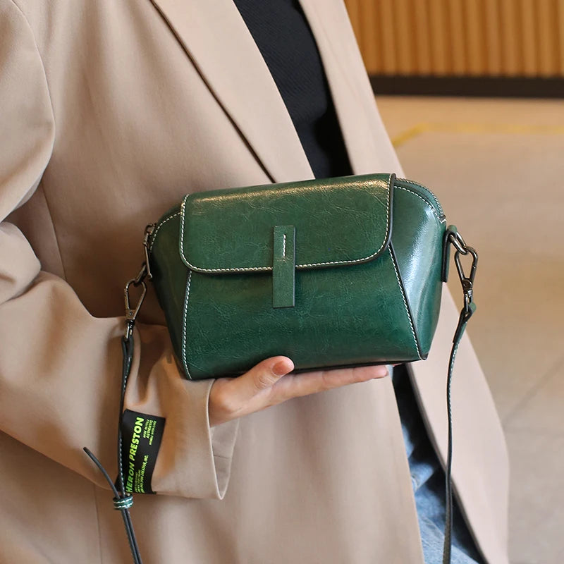 Oil Wax Cowhide Leather Crossbody Bag - Fashionable Versatile Shoulder Shell Handbag-Crossbody Bag-Green-Free Shipping Leatheretro