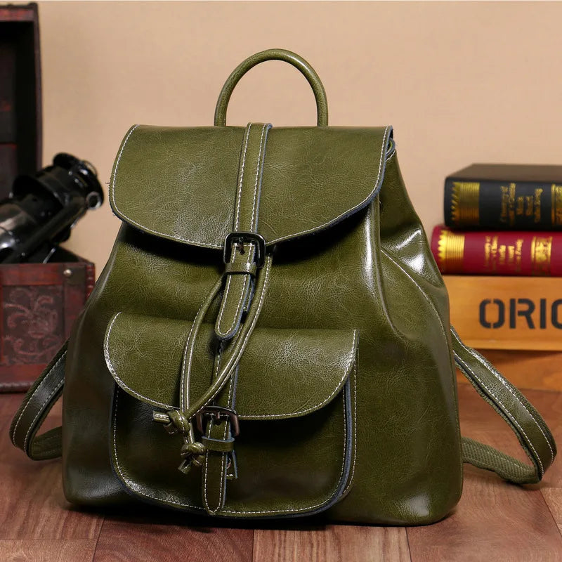 Genuine Waxed Leather Drawstring Backpack for Women-Backpacks-Dark Green-Free Shipping Leatheretro