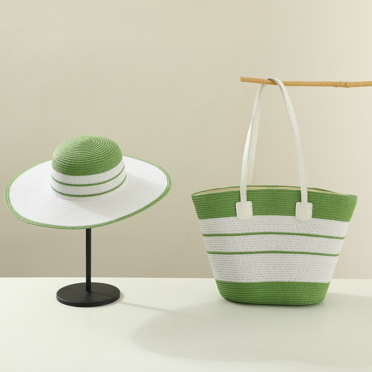 Handmade Designer Beach Straw Hat and Bag Set for Women-Tote Bag-Green-Free Shipping Leatheretro