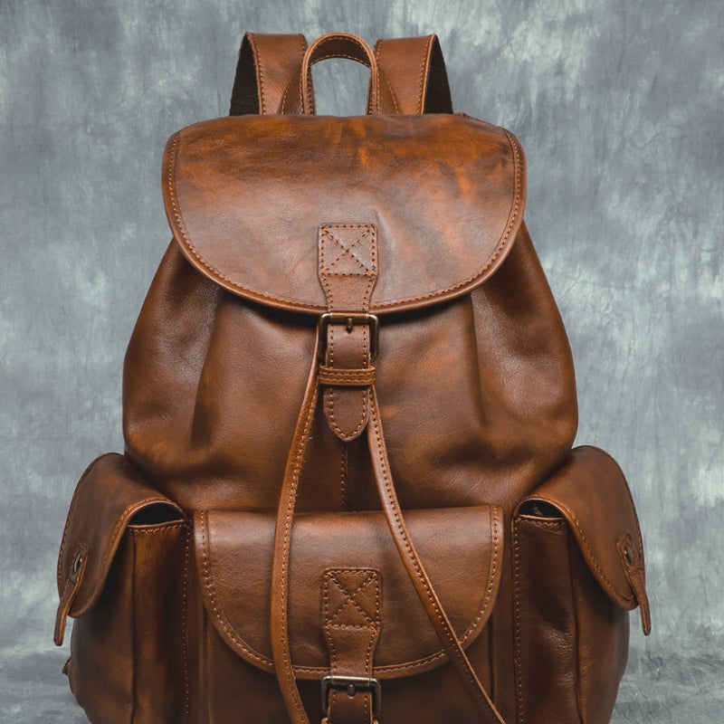 Geometric Pattern Genuine Leather Retro Backpack - Casual Soft Leather Hiking Bag-Backpacks-Light Brown-Free Shipping Leatheretro