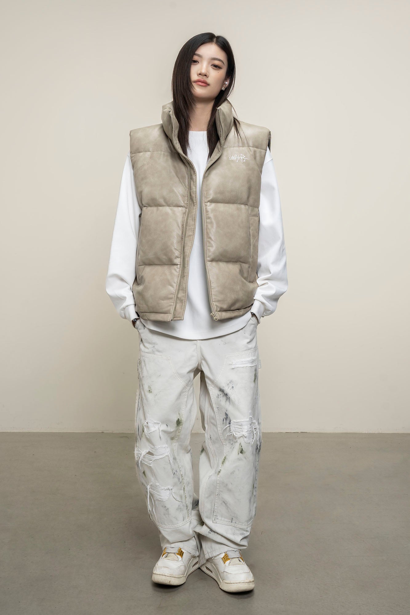 MAKEMORE PU Embossed LOGO Puffer Vest-Vest-M-Black-Free Shipping Leatheretro