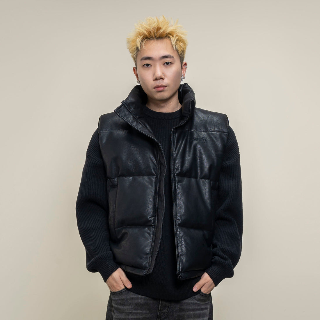 MAKEMORE PU Embossed LOGO Puffer Vest-Vest-M-Black-Free Shipping Leatheretro