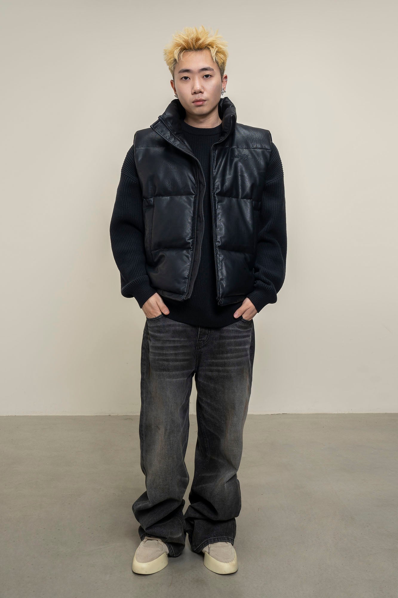 MAKEMORE PU Embossed LOGO Puffer Vest-Vest-M-Black-Free Shipping Leatheretro