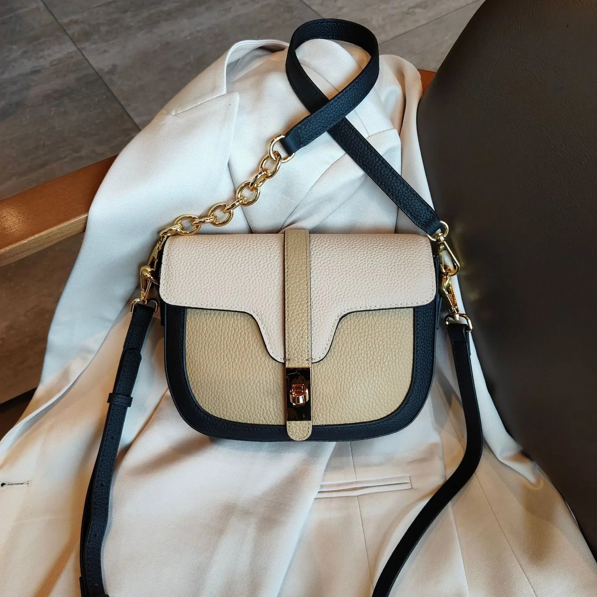 Women Luxury First Layer Saddle Bag - Compact Shoulder Crossbody Bags-Crossbody Bag-Kakhi Black-Free Shipping Leatheretro