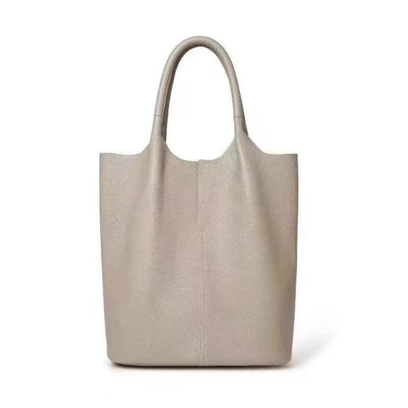 Real Leather Shopper Tote Bag-Tote Bag-Khaki-Free Shipping Leatheretro