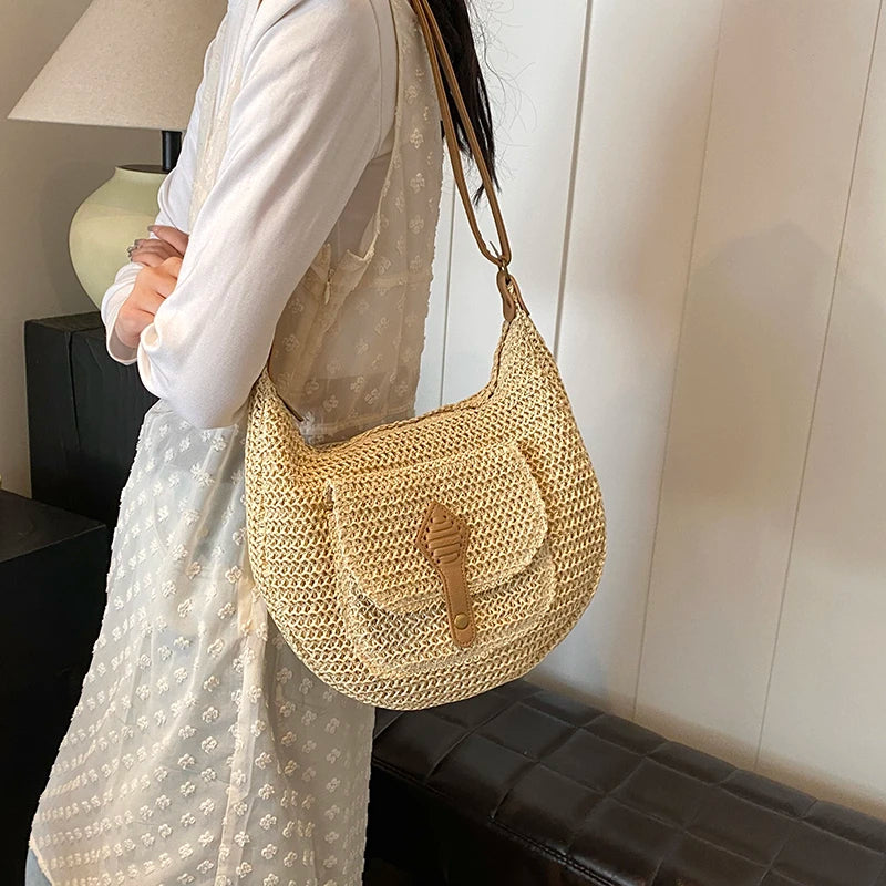 Straw Crossbody Bag Stylish Retro Vacation Look-Handbags-Beige-Free Shipping Leatheretro