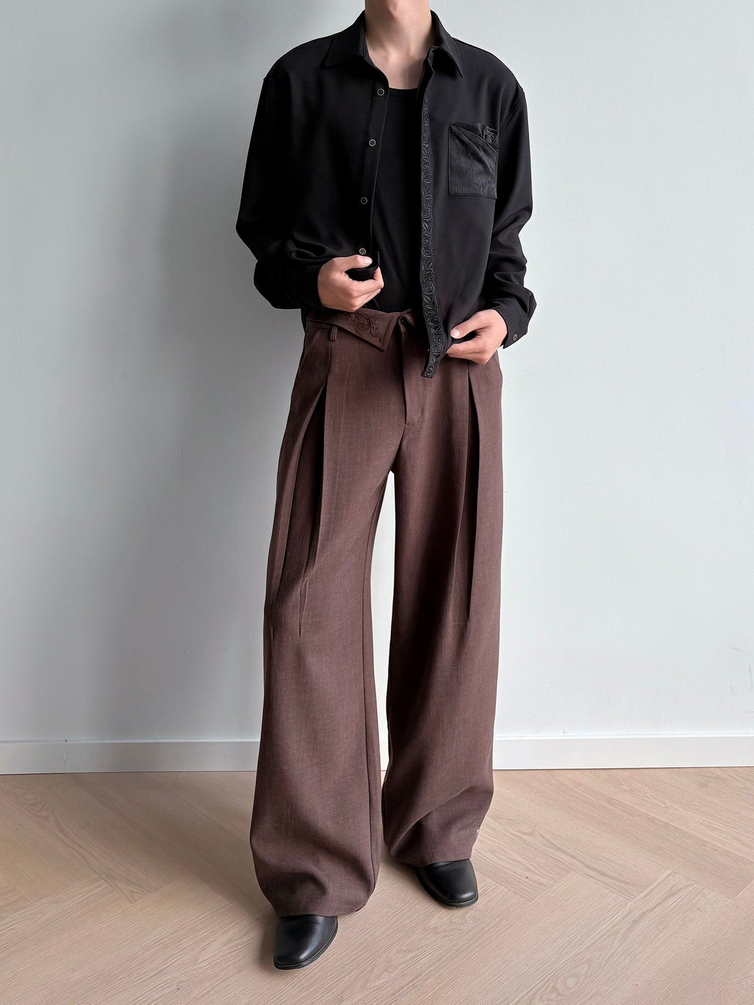 KREATE Floral Jacquard Trim Pocket Shirt-Shirt-S-Beige-Free Shipping Leatheretro