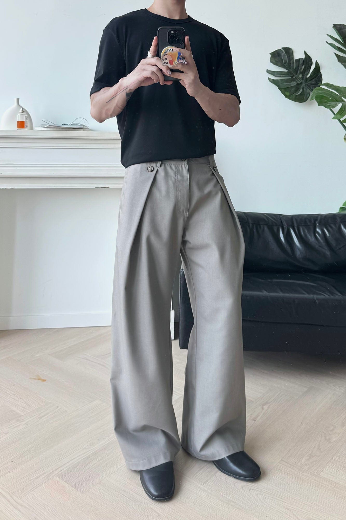 KREATE Inverted Pleats Wide-Leg Trousers-Pants-S-Gray-Free Shipping Leatheretro