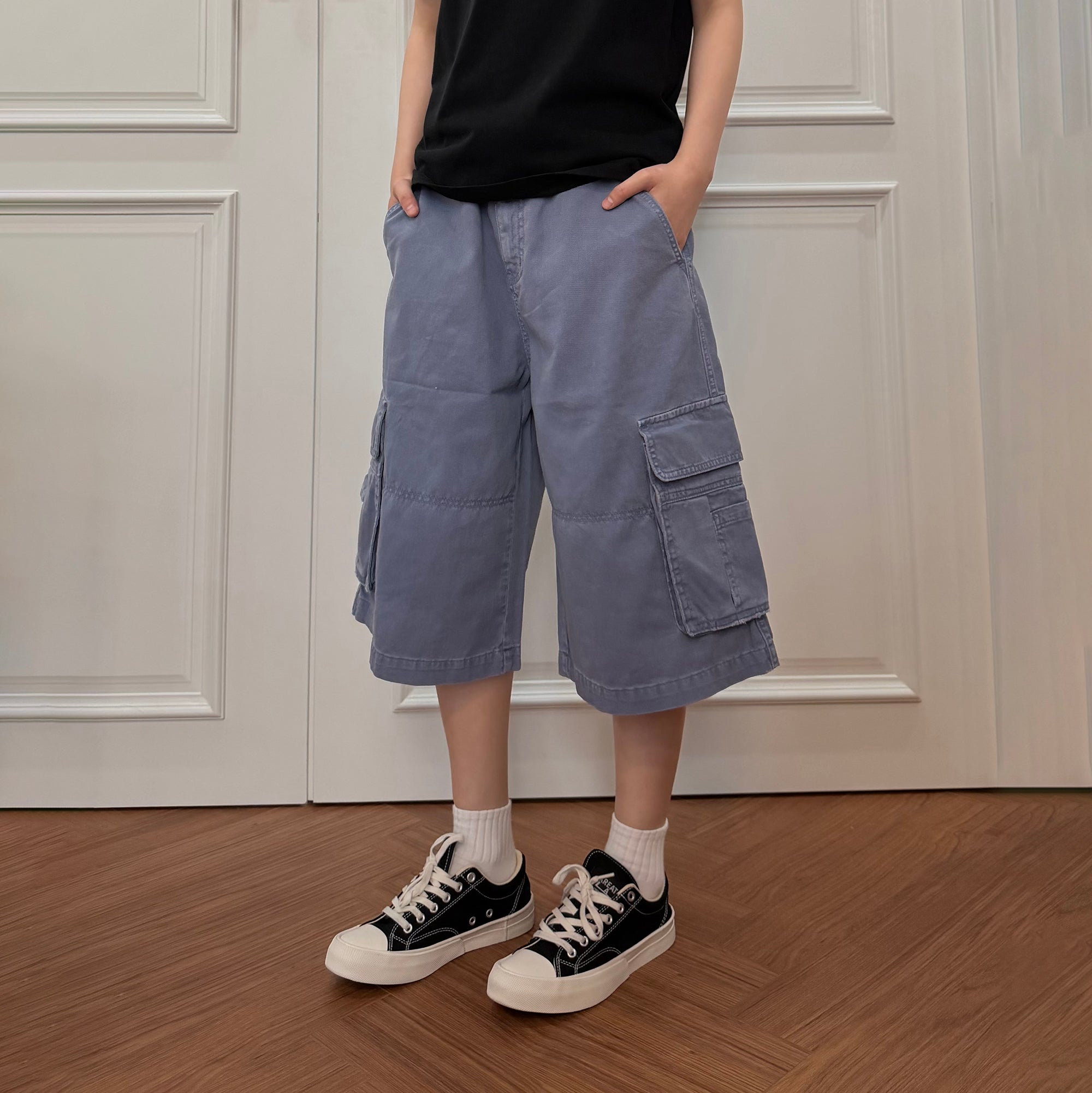 KREATE Washed Multi-Pocket Cargo Shorts-Shorts-S (Preorder)-Blue-Free Shipping Leatheretro