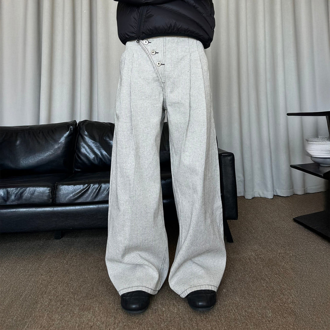 KREATE Asymmetric Button-Up Pleated Jeans-Jeans-S-Black-Free Shipping Leatheretro