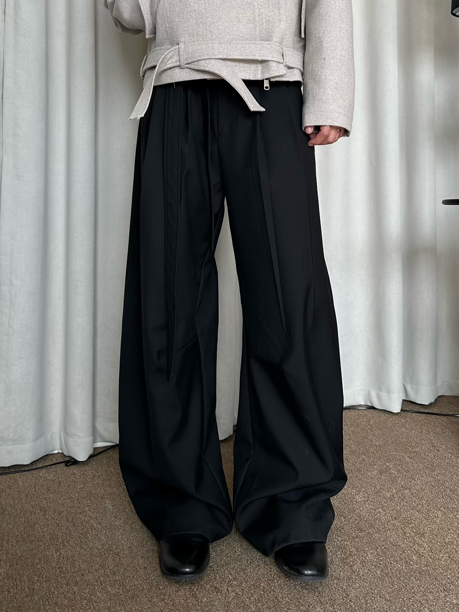 KREATE Belted Pleated Wide-Leg Trousers-Jacket-S (Preorder)-Free Shipping Leatheretro