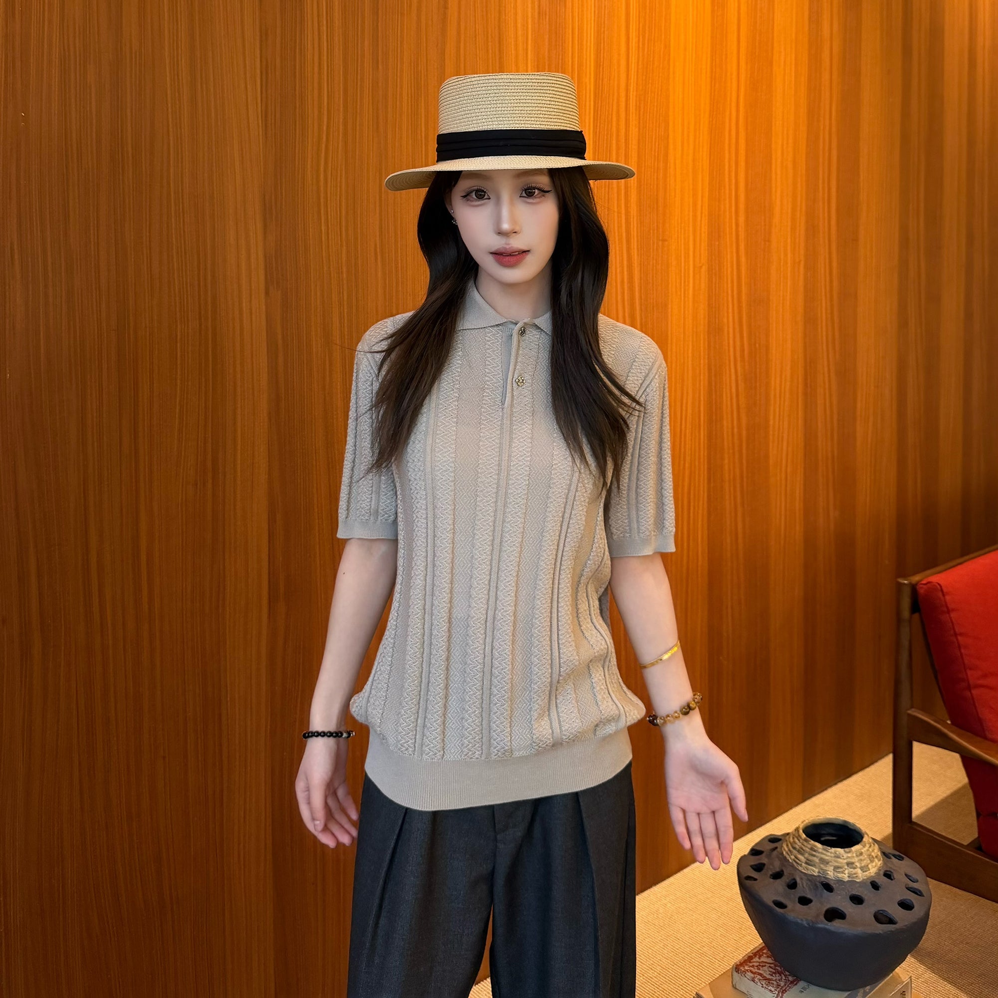 KREATE Retro Jacquard Knit Polo-T Shirt-S (Preorder)-Beige-Free Shipping Leatheretro