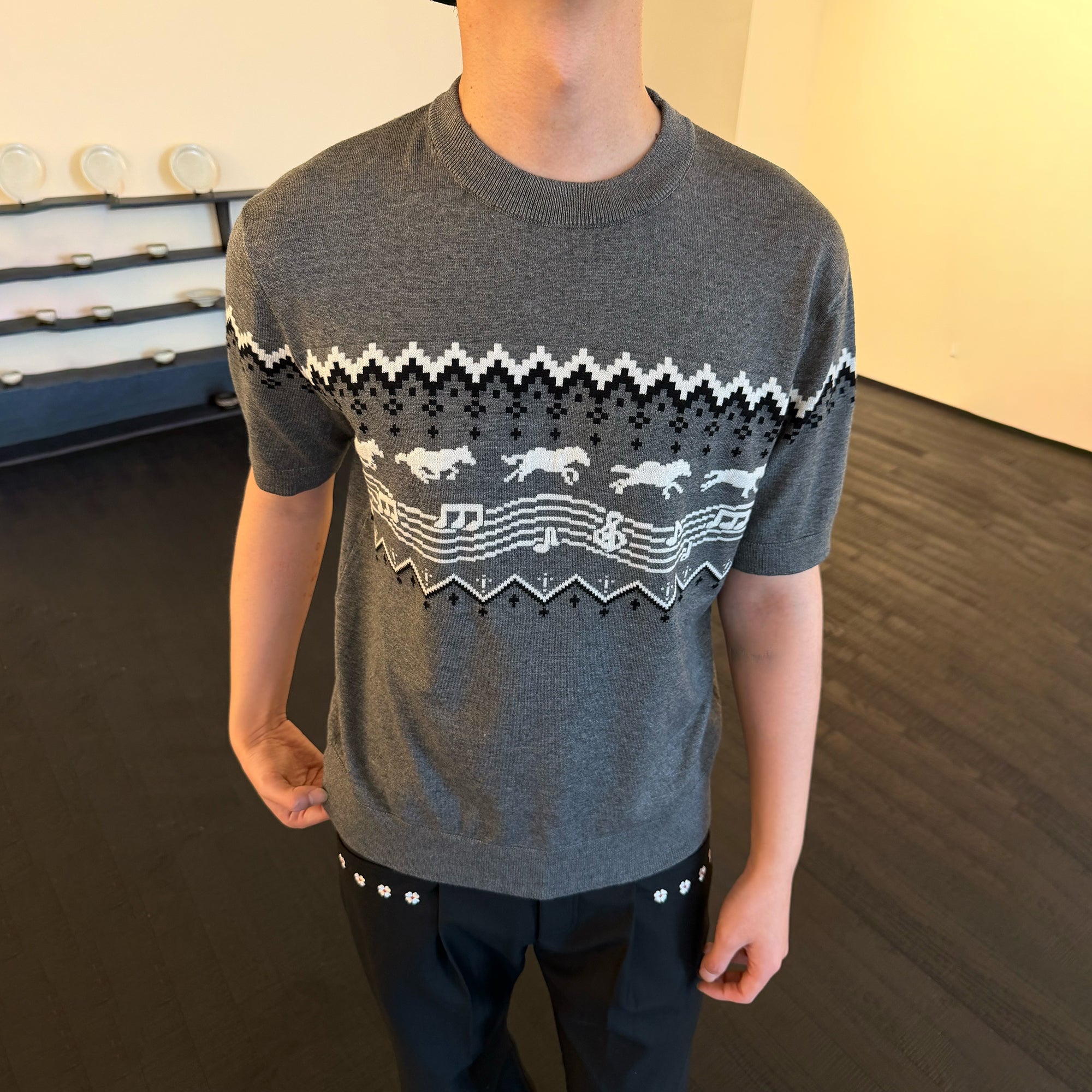 KREATE Horse Jacquard Knit Tee-T Shirt-S (Preorder)-Gray-Free Shipping Leatheretro