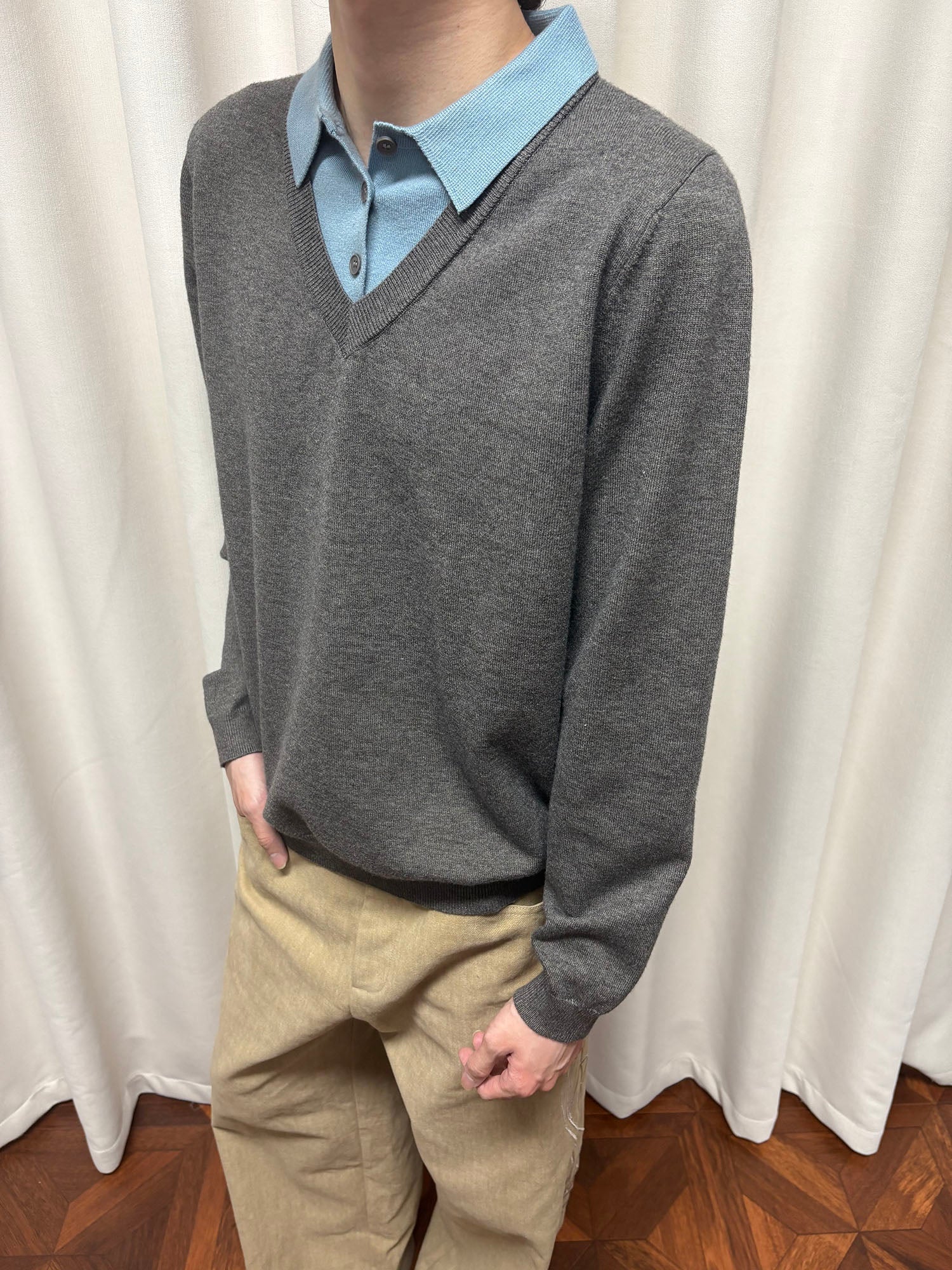 KREATE Contrast Faux Layered Polo Sweater-Sweater-S-Gray-Free Shipping Leatheretro