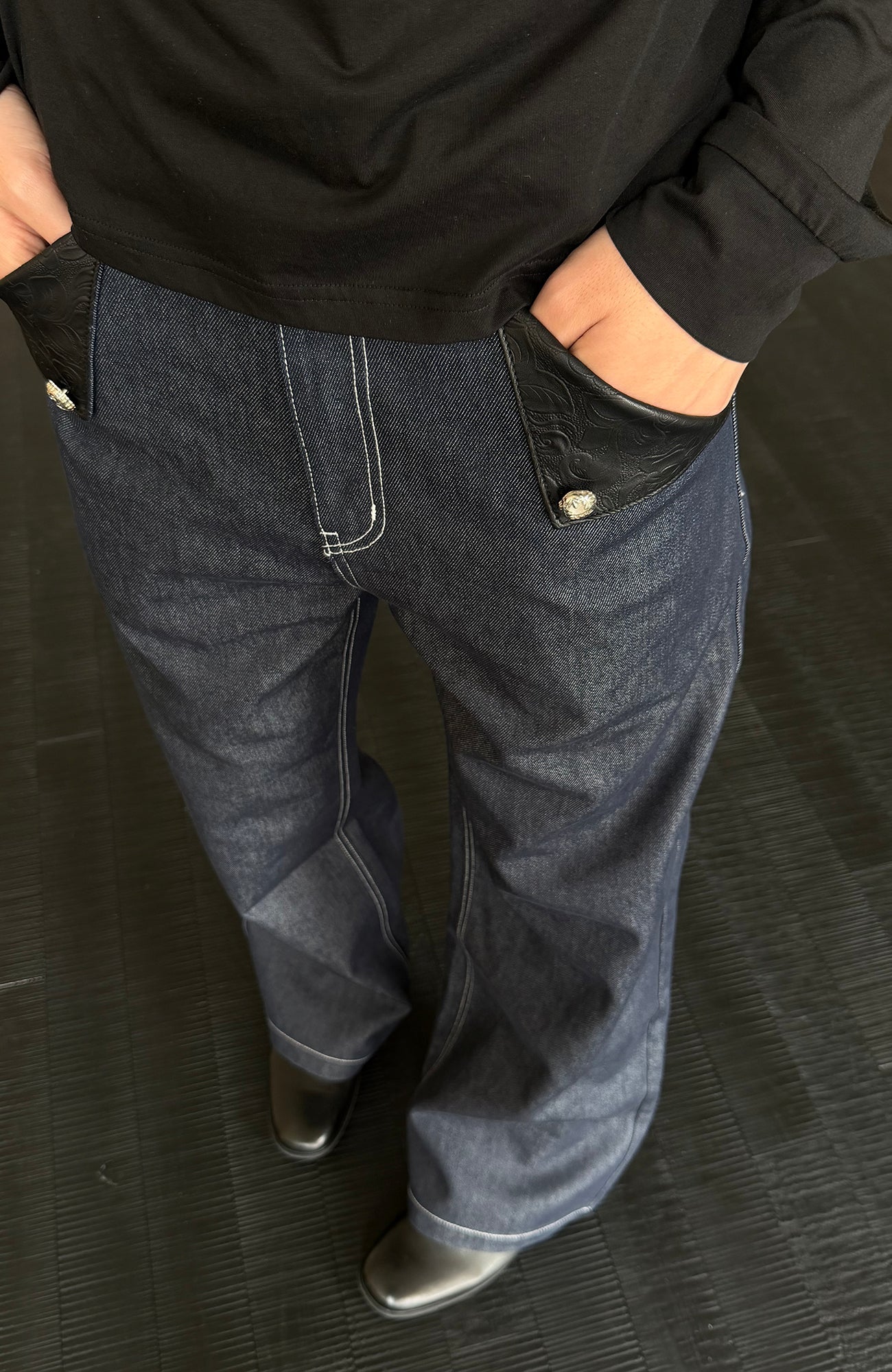 KREATE Raw PU-Paneled Flare Denim-Jeans-S (Preorder)-Free Shipping Leatheretro