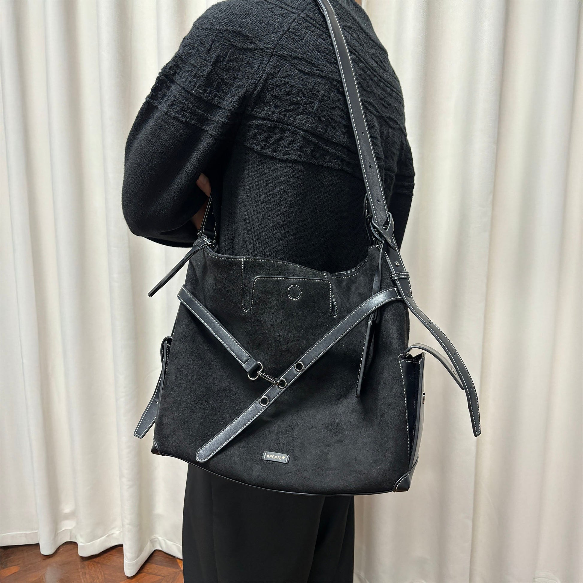 KREATE Faux Suede Panel Messenger Bag-Bag-Black-Free Shipping Leatheretro