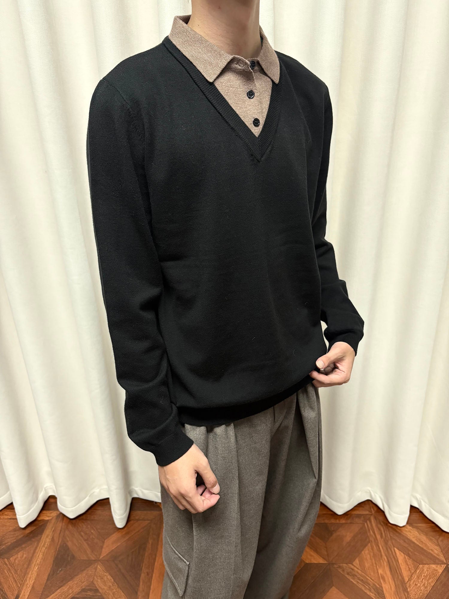 KREATE Contrast Faux Layered Polo Sweater-Sweater-S-Gray-Free Shipping Leatheretro