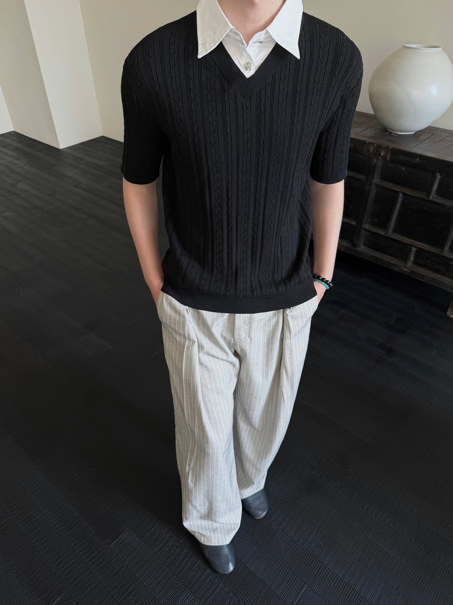 KREATE Faux Layered Cable-Knit Half Shirt-Half shirt-S-Gray-Free Shipping Leatheretro
