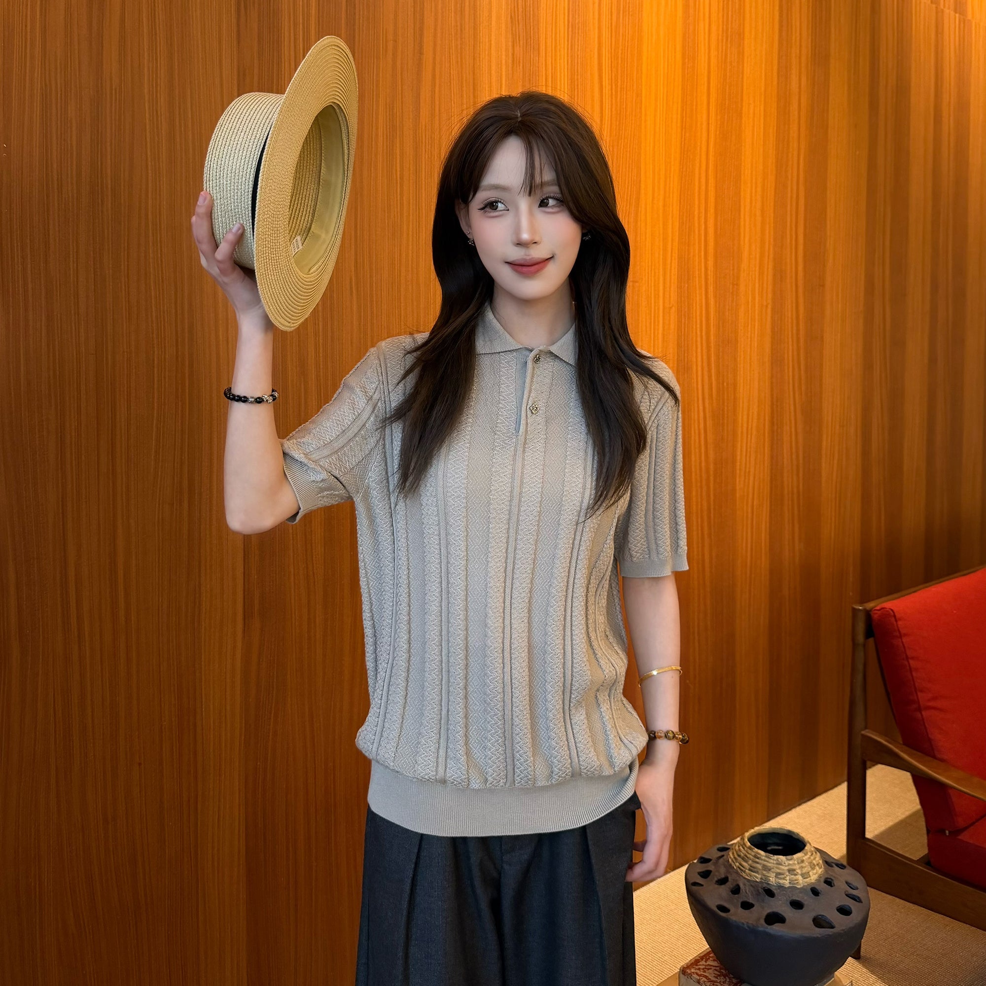 KREATE Retro Jacquard Knit Polo-T Shirt-S (Preorder)-Gray-Free Shipping Leatheretro