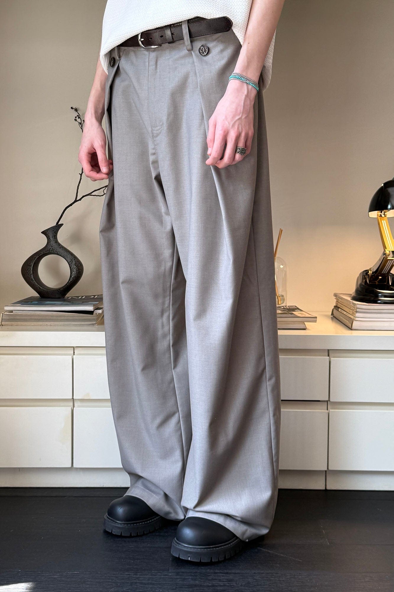 KREATE Inverted Pleats Wide-Leg Trousers-Pants-S-Gray-Free Shipping Leatheretro
