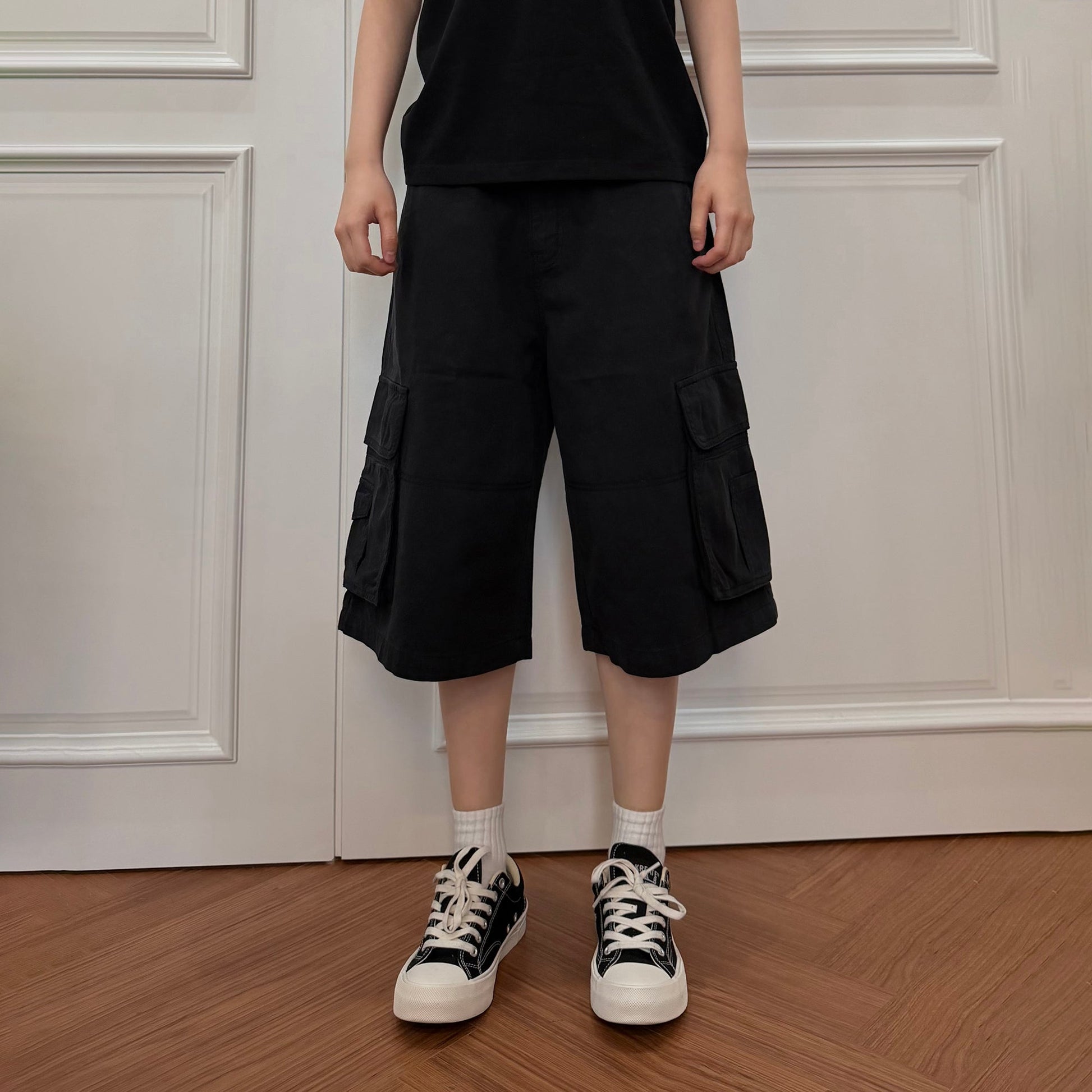 KREATE Washed Multi-Pocket Cargo Shorts-Shorts-S (Preorder)-Black-Free Shipping Leatheretro