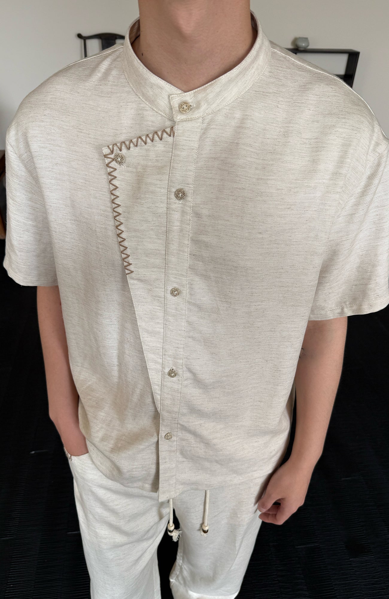 KREATE Stitched Faux-Placket Short Sleeve Shirt-Shirt-S-Black-Free Shipping Leatheretro