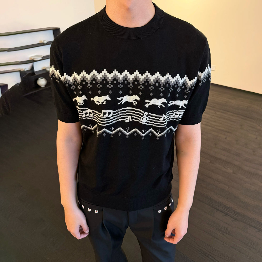 KREATE Horse Jacquard Knit Tee-T Shirt-S (Preorder)-Black-Free Shipping Leatheretro