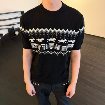 KREATE Horse Jacquard Knit Tee-T Shirt-S (Preorder)-Black-Free Shipping Leatheretro